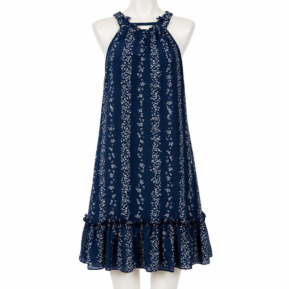 BCBG Paris Navy Floral Flowy Halter Dress - Ruffle Hem - Size M